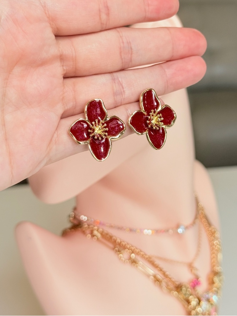 Gold and Burgundy Flower Stud Earrings - Picture 13 of 13